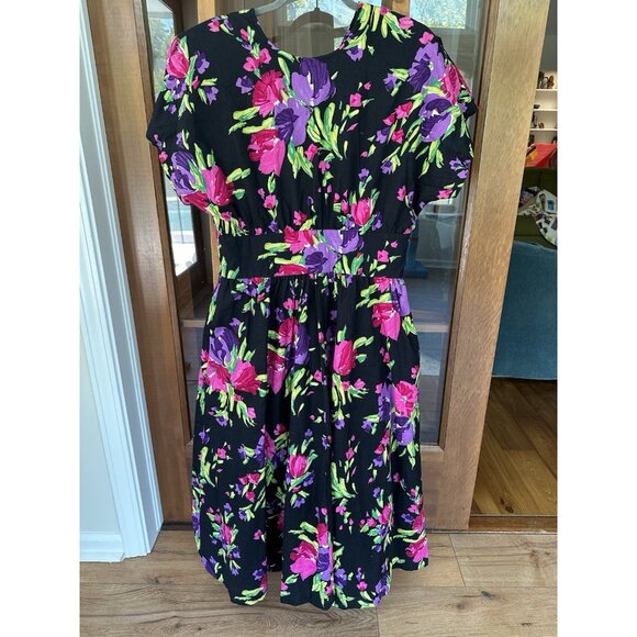 Vintage Stuart Alan 1980s 90’s BOLD FLORAL Bouquet Team Dress 1940’s Flare Midi - Picture 2 of 11